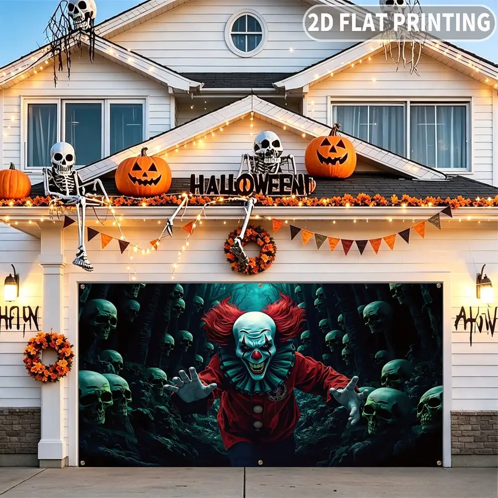 1pc 2D FLAT Halloween Party Garage Banner, Scary Clown Surrounded By Skulls Pattern, No Power Need, for Garage Door Decor