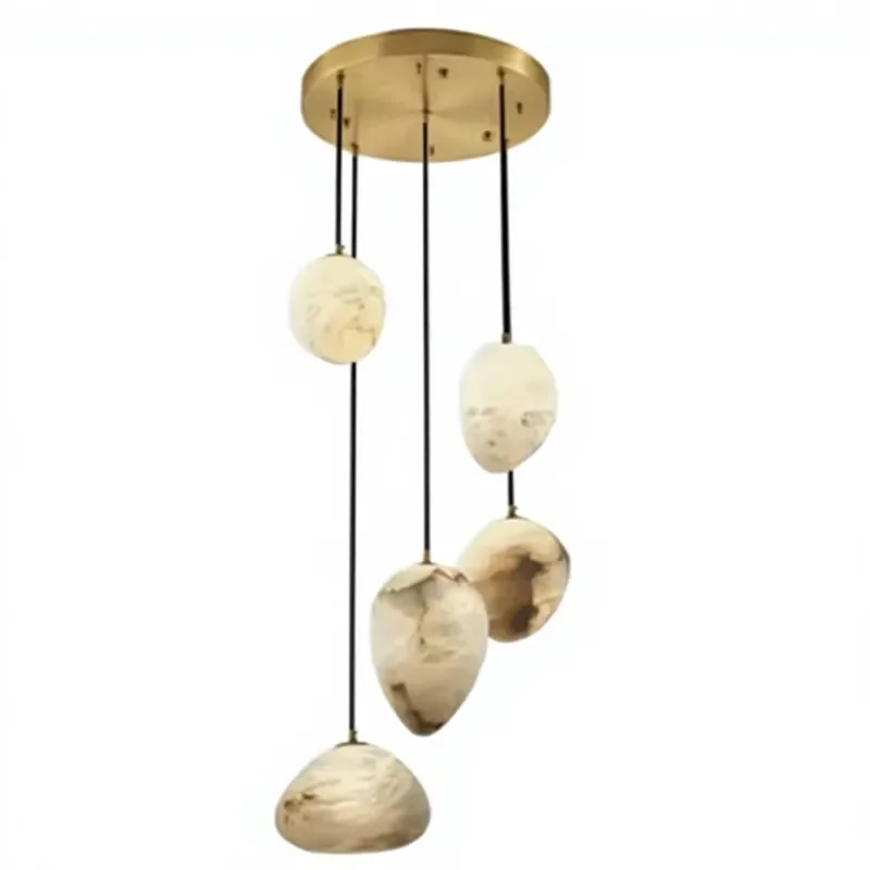 Modern Natural Alabaster Textured Shade LED Middle Staggered Length Hanging Cords Pendant Light for Loft Dining Room