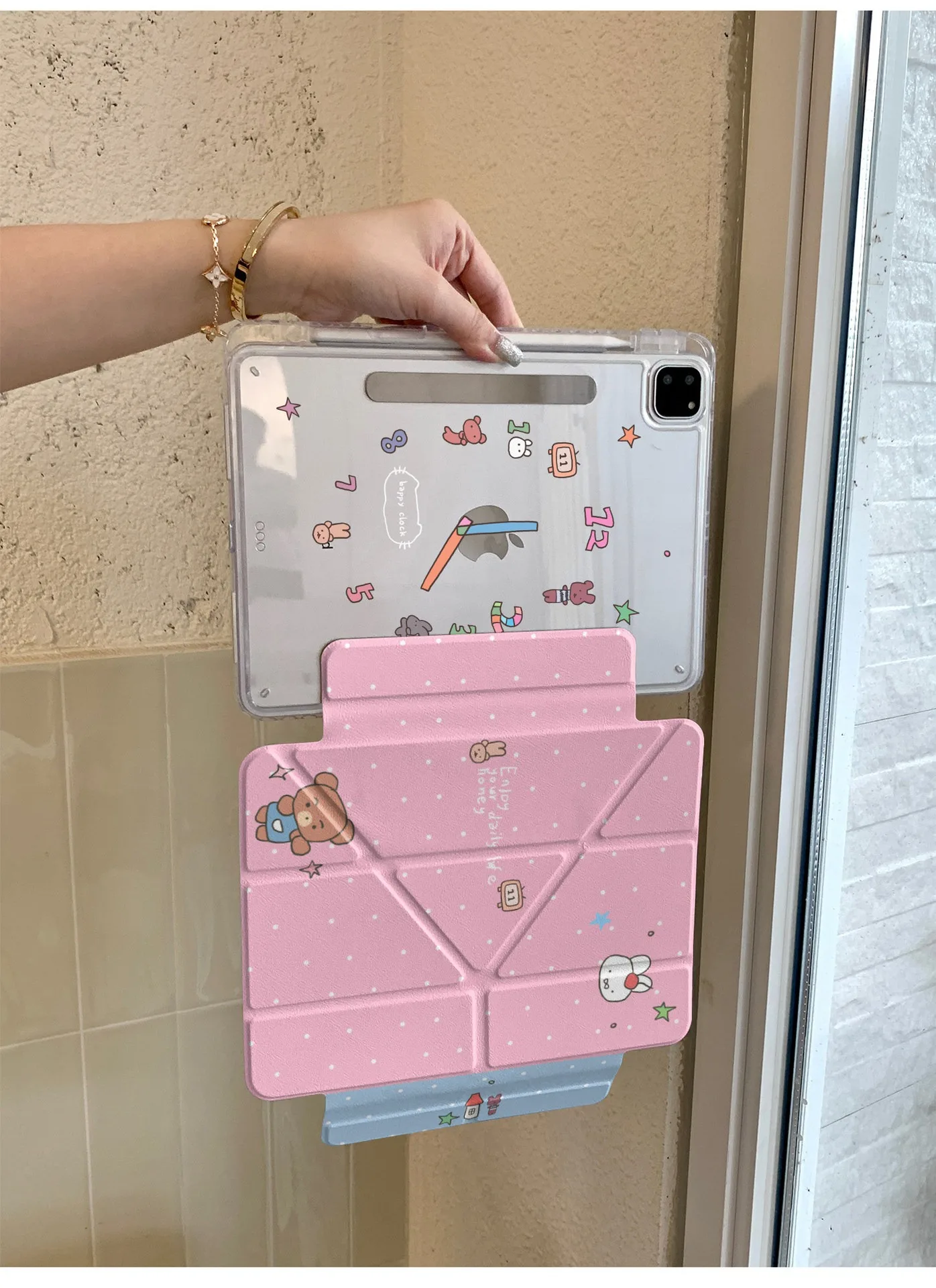 Clock Bear Pen Slot Magnetic Buckle Tablet Case For iPad 11 10 6 5 Mini7 6 Pro 2024 2022 2021 2020 2018 Air2025 2024 5 4 3 Cover