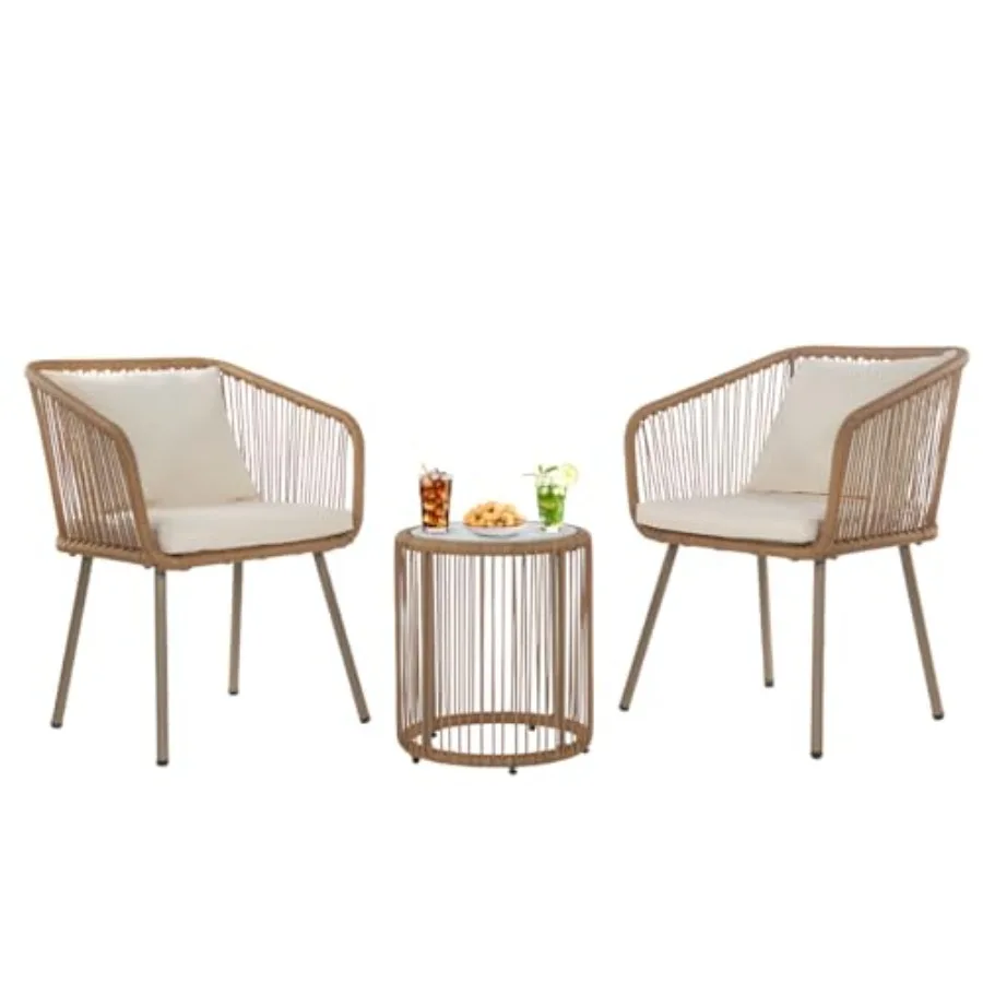 Juego de muebles de patio de 3 piezas con diseño de bistró de ratán PE para uso en exteriores, incluye sillas acolchadas con almohadas lumbares de vidrio