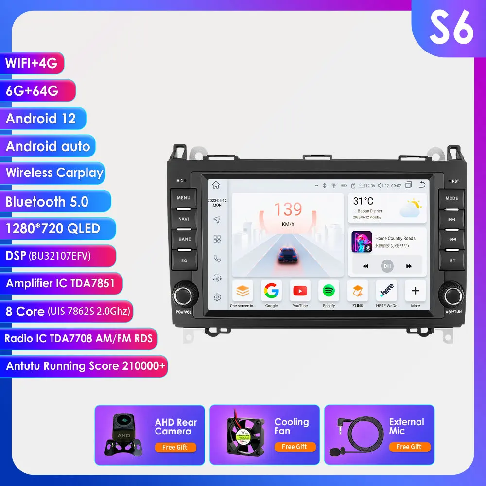 Ai Carplay Android12 Autoradio Stereo Multimedia Speler Voor Mercedes-Benz A-B-V-Klasse B200 W169 W245 W639 W906 Sprinter Gps Navi