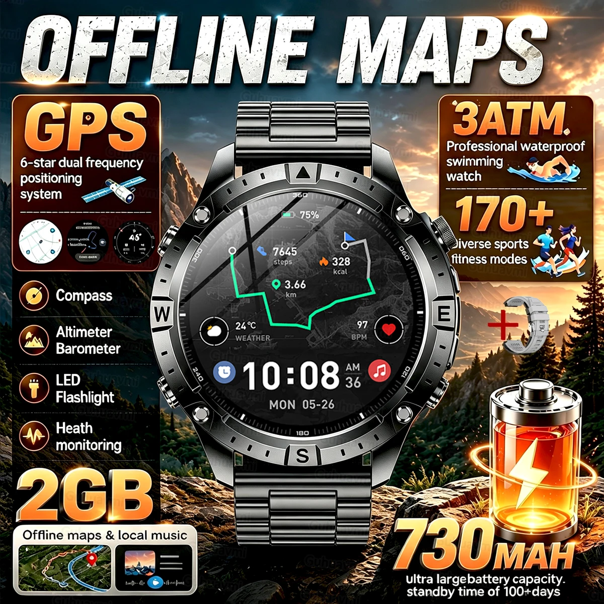 Reloj Inteligente para Hombre con GPS, de Alta Gama, Resistente al Agua, con Sensor de Seis Ejes, Reloj Deportivo con Mapa GPS Integrado