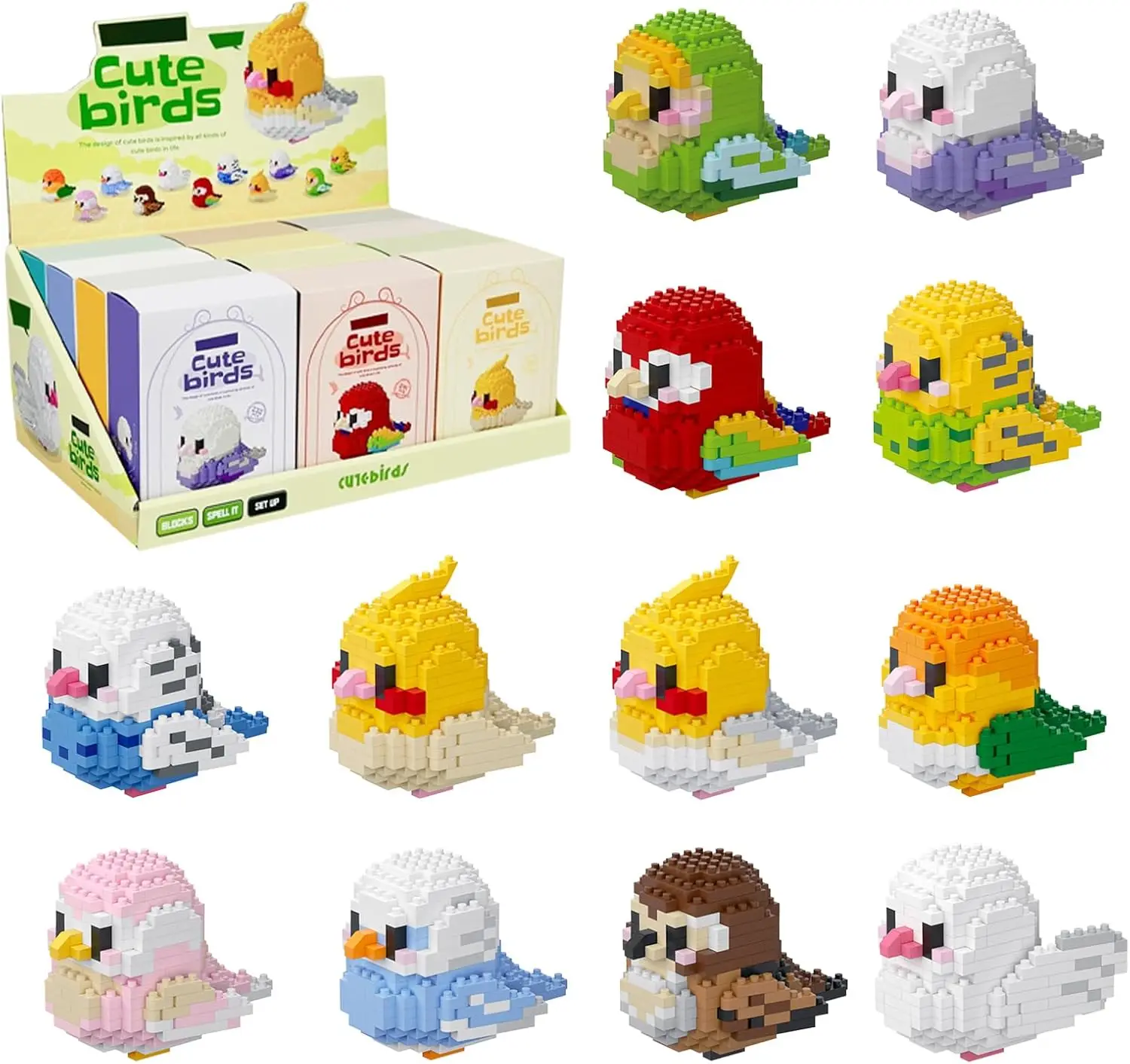 Small Parrots Building Blocks Kits, 12 Color Mini Bricks Cute Birds Series Animals Toys for Kids, Gift for Christmas, Birthday