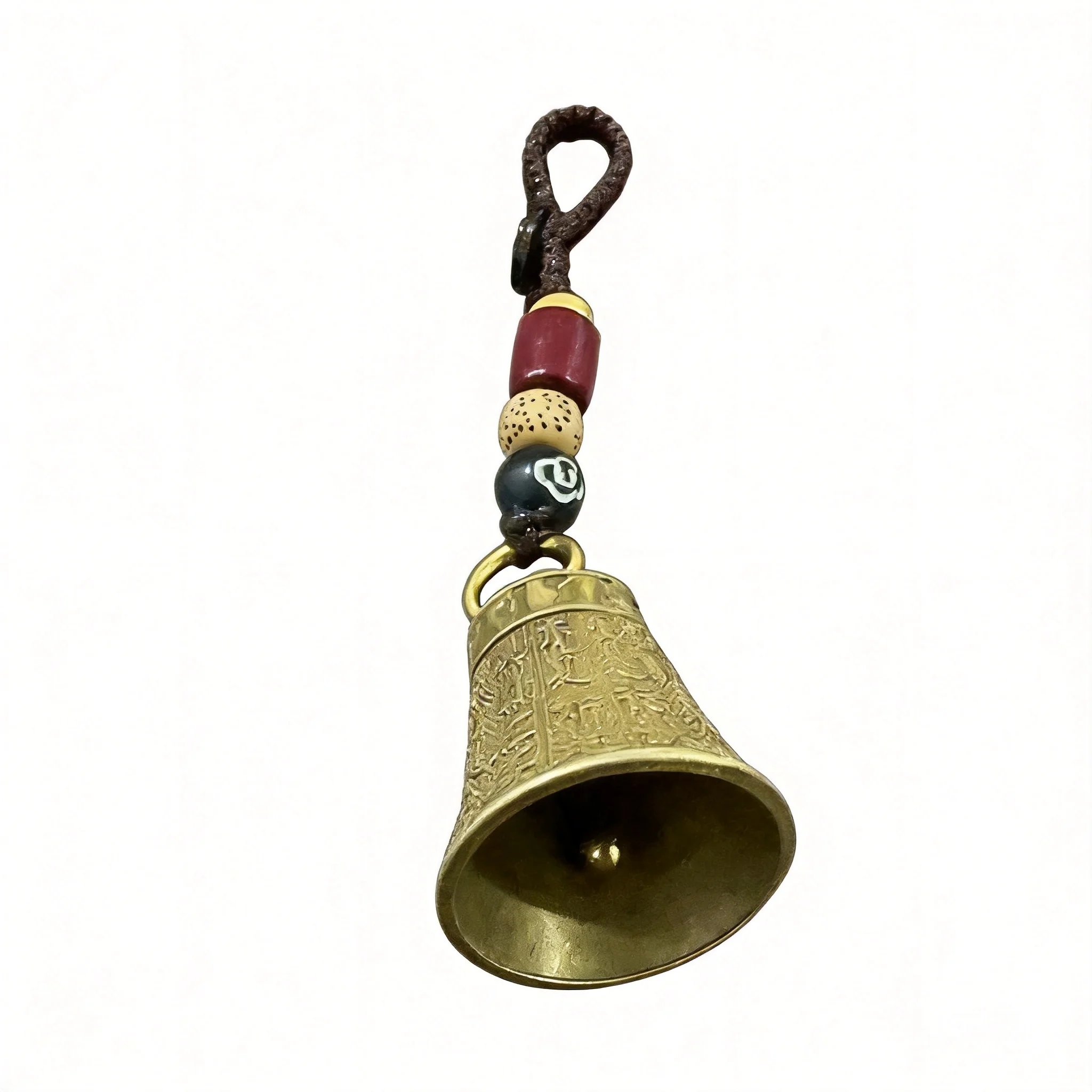 Vintage Chinese Lucky Feng Shui Brass Bell Keychain Six Syllable Mantra Heart Sutra Engraved Blessing Wealth Fortune Car Bag Pen