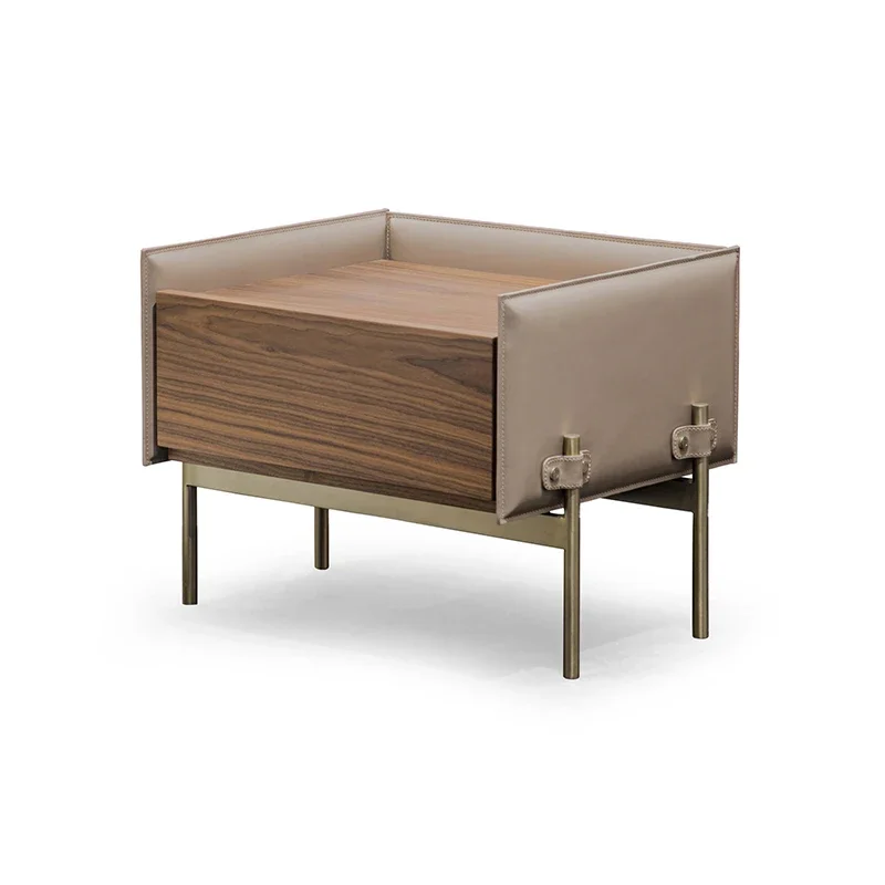 

Современный минималистичный шкафчик из кожи, металлический джентльменский прикроватный столик, отель, вилла, боковой шкаф для спальни, мебель