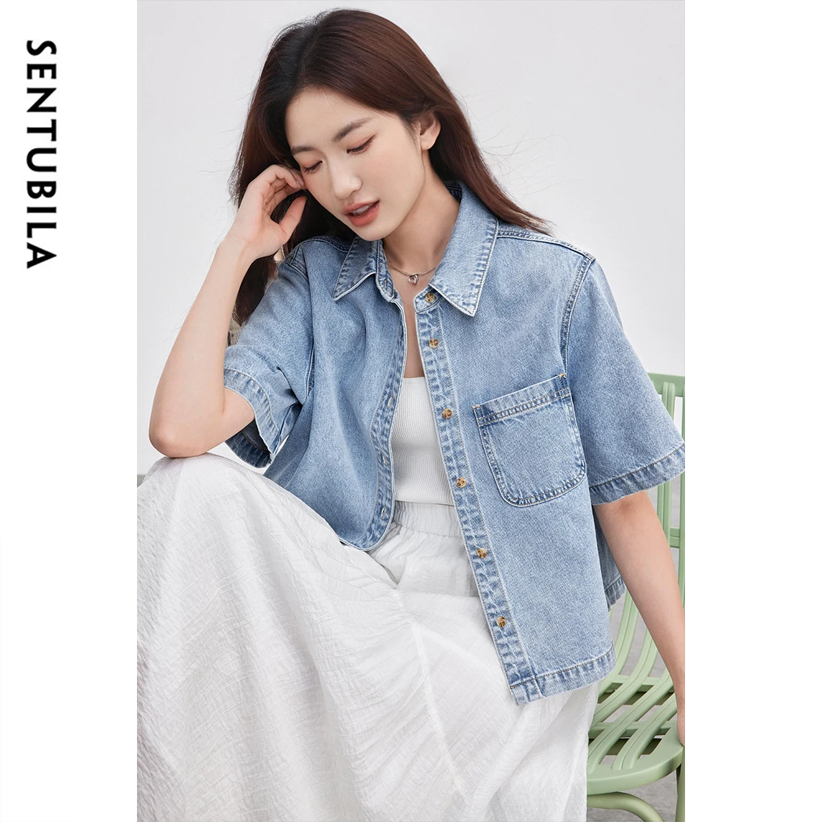 

SENTUBILA Women's Denim Jackets Cotton 2025 Summer Streetwear Turn Down Collar Short Sleeve Button Crop Outerwear W52W59416