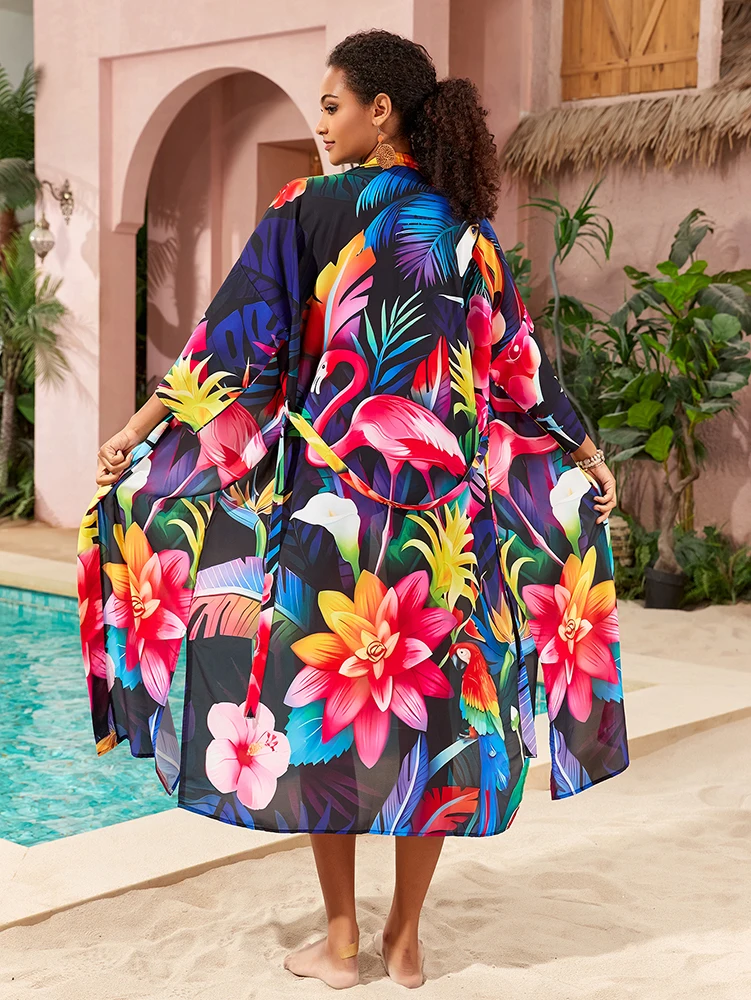 Women Kimono Beach Cover Ups Tunic Self Belted Wrap Dresses 2025 Pareo New Boho Beach Outfits Dropshipping Factory Supply