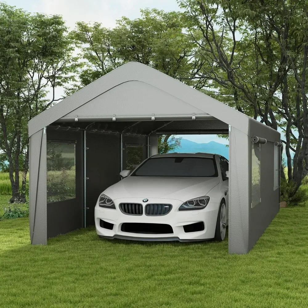 Carport 10' x 20' Portable Garage, Heavy Duty Car Port Canopy with 2 Roll-up Doors & 4 Ventilated Windows for Car, Truc