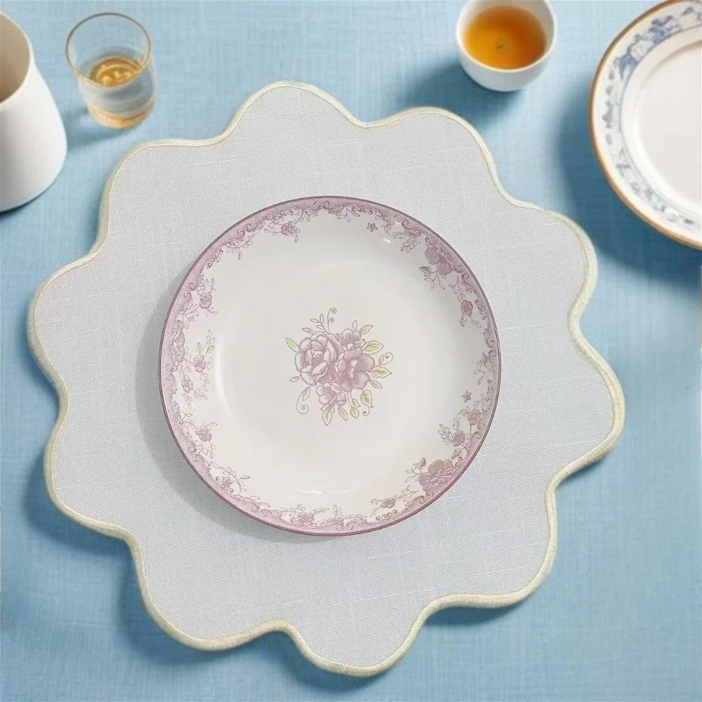 5pcs-set Restaurant bamboo linen embroidered lace placemats solid color napkin washable and reusable irregular shape plate cloth