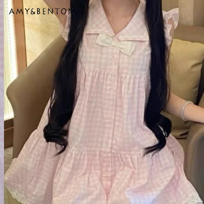 

Japanese Original Design Flutter Sleeve Women's Dress 2026 Summer New Sweet Cute Plaid Y2k Loose Age-reducing Dresses Ladies