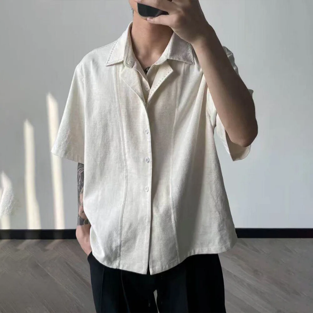 

Black Linen Double Neck Short-sleeved Shirt Men's 2026 Summer Wear Shirt Design Sense Men's Clothing