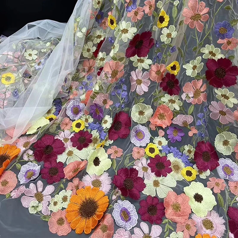 

3D Floral Embroidered Lace Fabric Soft Mesh Tulle Material with Rose Design for Wedding Dress Cheongsam Blouse Sewing Craft