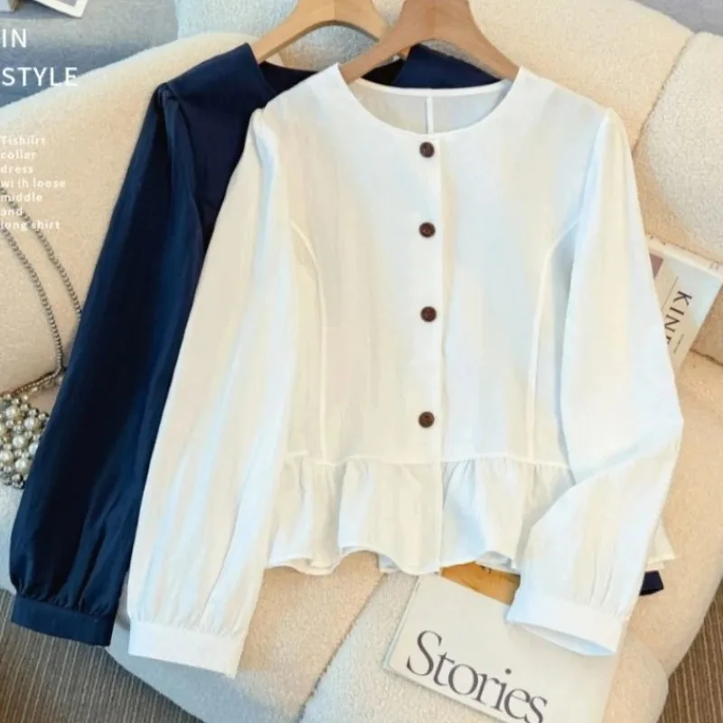 Vintage Women Shirts Long Sleeve Slim Waist Blouses 2026 Blusas Mujer De Moda Solid Color O-neck Tops Ruffles Oversized Blouse