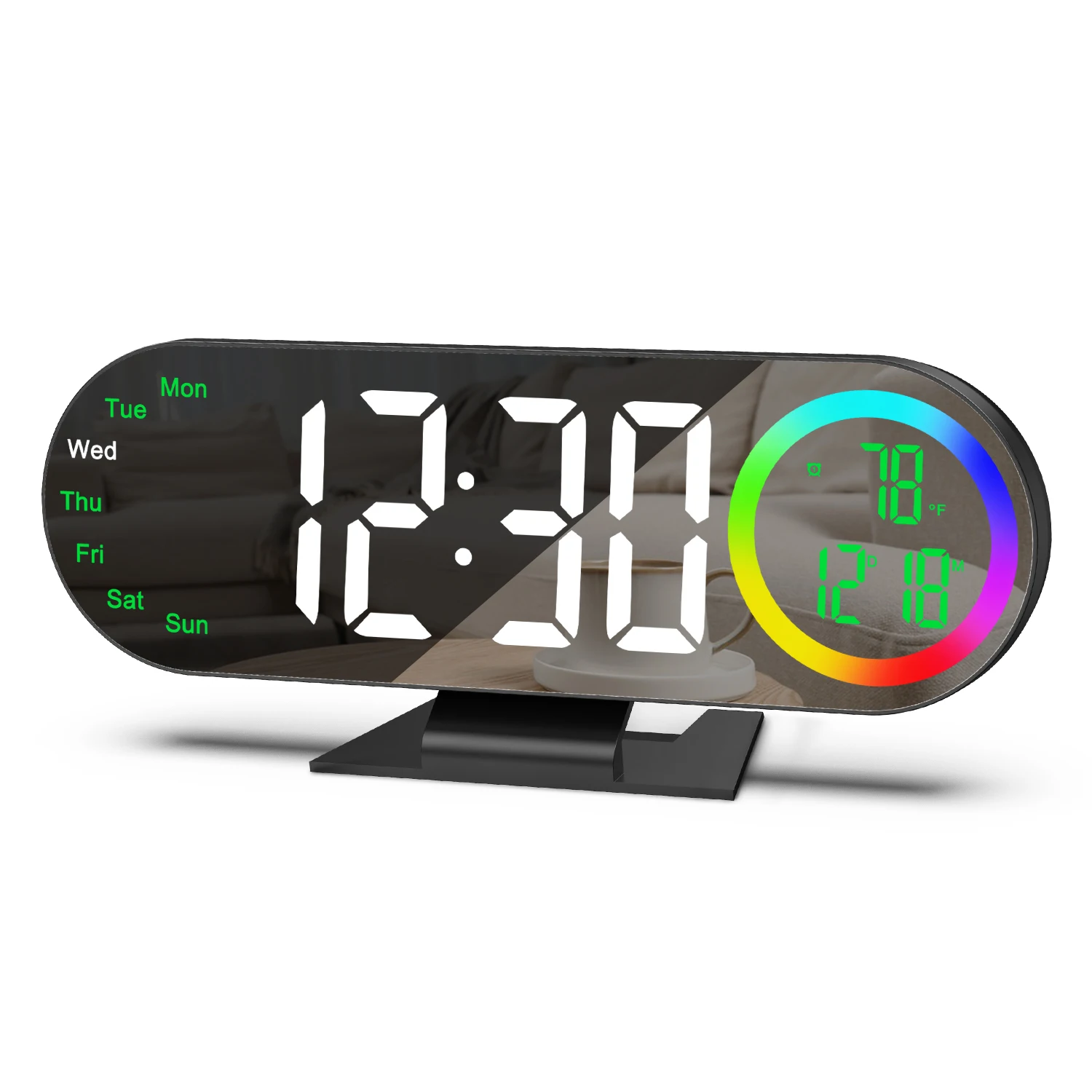 Relógio de Espelho LED ORIA 8.5" com Alarme, Luz RGB de 16 Cores, Alimentação USB, Relógio de Mesa com Exibição de Temperatura e Semana para Casa, Quarto e Escritório