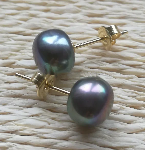 Charming AAA+ Tahitian 10-11mm Cultured black green pearl earrings 14k gold