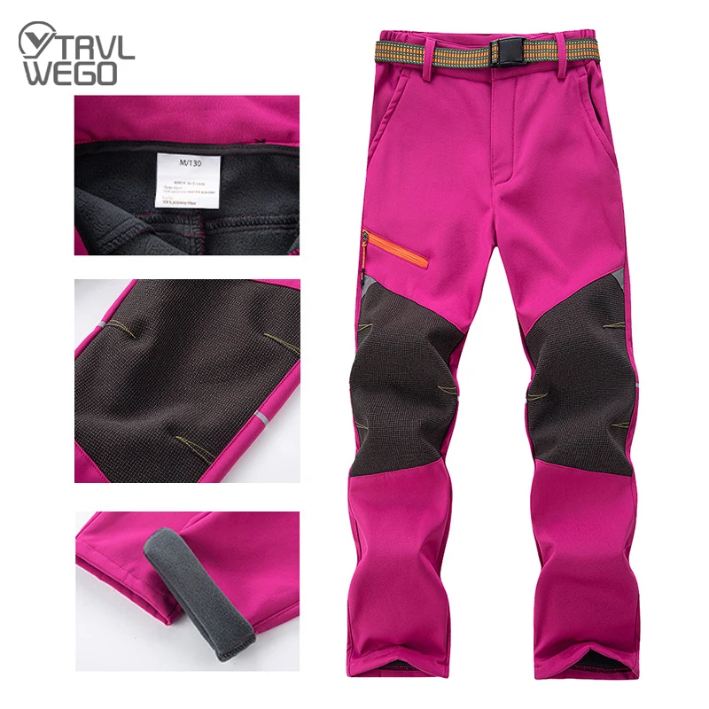 TRVLWEGO Child Winter Hiking Pants Camping Waterproof Windproof Fleece Lined Warm Thick Soft Shell Trekking Skiing Trousers