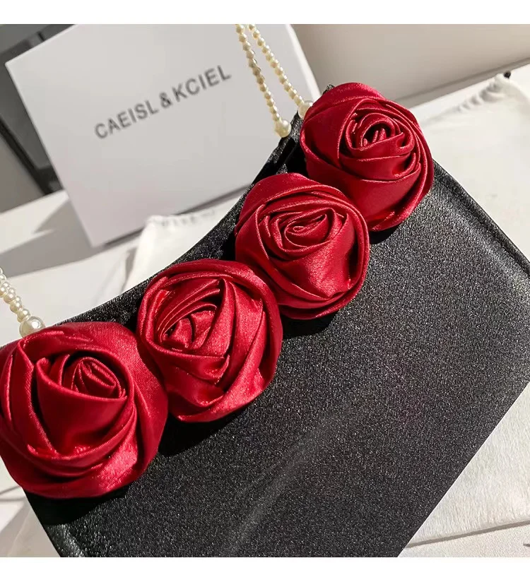 Women Handbag Luxury Satin Square Bag Red Rose Flower Pearl Beading Handle Evening Bag Wedding Party Clutch Purse Crossbody Bag