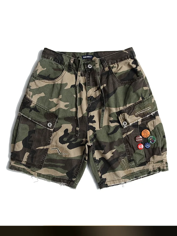 

Retro American Camouflage Handmade Patched orts Men's Summer Loose Straight Leg Workwear Trousers Youthful Casual Cotton