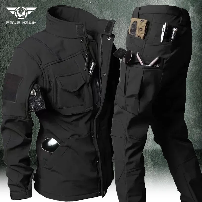 Thickened Thermal Sets Men's Splash-proof Softshell Multi-pocket Jacket+Sharkskin Straight-leg Cargo Pants Outdoor Male Work Set