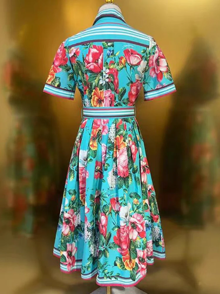 Imagem -03 - Vestido de Cintura com Cadarço Único de Lapela Listrada Feminino Estampa Vintage Moda Verão Solto Balanço Pompa Novo 2024