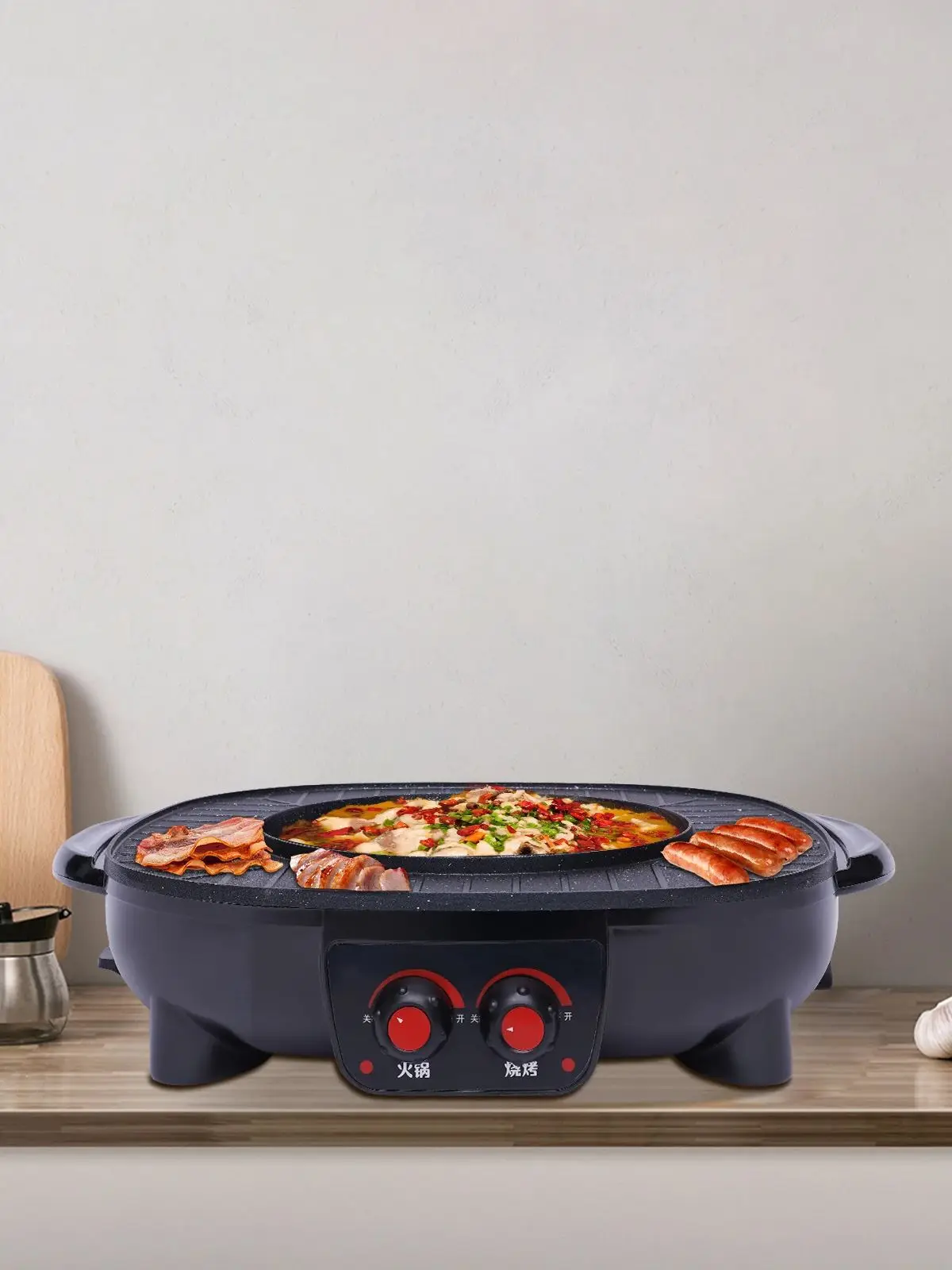 2-in-1-Elektrogrill und Hot Pot, 2000 W, Shabu-Shabu-Topf mit antihaftbeschichteter Oberfläche für 5–6 Personen