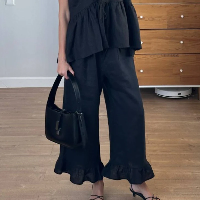 TARUXYFashion 코튼 린넨 롱 팬츠 세트 여성용 브이넥 민소매 레이스 업 탑 풀 하이 웨이스트 여름 레이디 루즈 파티 의상