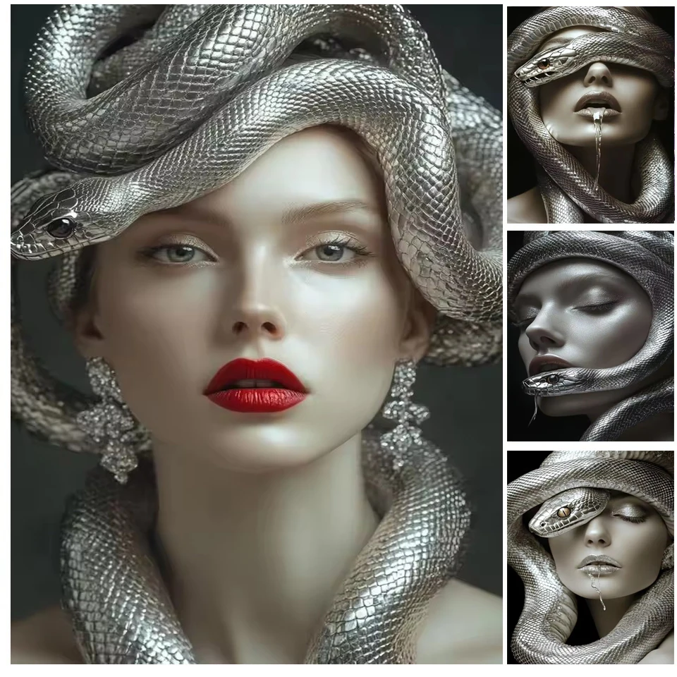 Silver Snake,Sexy Lady Face Diamond Painting Art DIY Animal 5D Woman Rhinestone Cross Stitch Mosaic Home Wall Decoration Gift