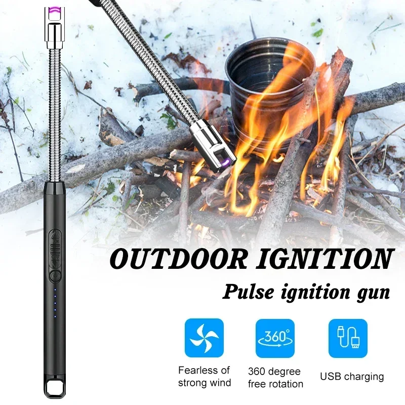 360° USB Kitchen Windproof Rechargeable Electric Lighter Metal Power Display Hook Ignition Gun Lighter for Outdoor Camping 2024