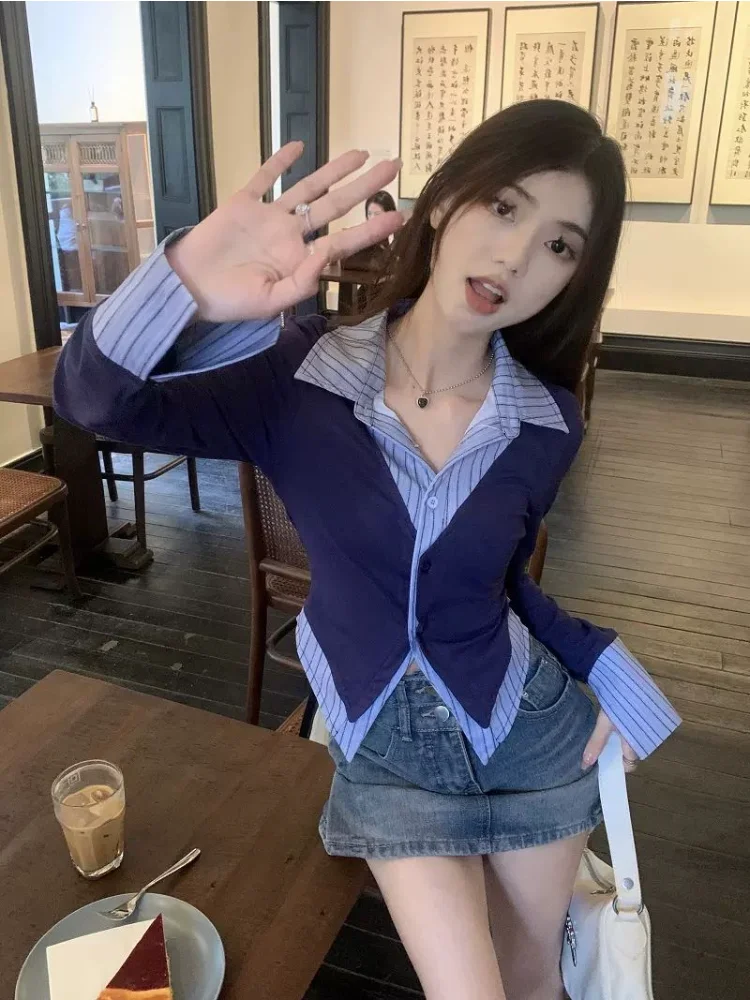 Patchwork Shirts Women Slim Lapel Chic Spring Ulzzang Office Lady Elegant Harajuku Tops Defined Preppy Style Fake 2 Pcs Design