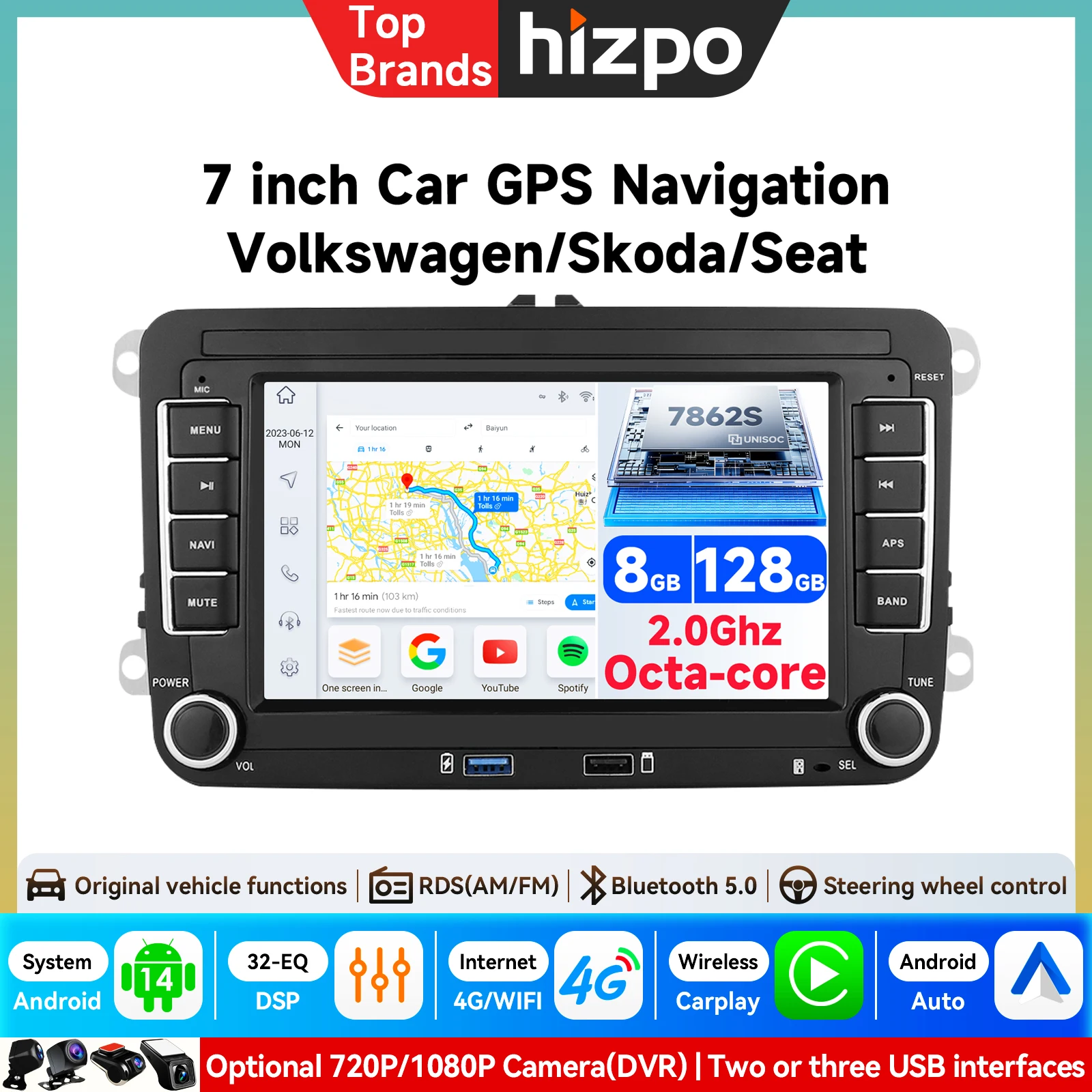 7'' 2Din Radio Samochodowe Android Odtwarzacz Multimedialny GPS WiFi Carplay do Volkswagen Skoda Octavia Golf 5 6 Touran Passat Polo Jetta