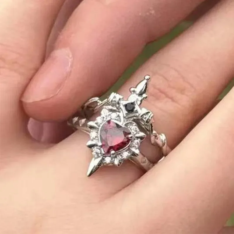 2pcs Can Be Assembled Heart and Sword Rings for Women Men Couple Silver Gold Color Adjustable Open Ring Fashion Jewelry
