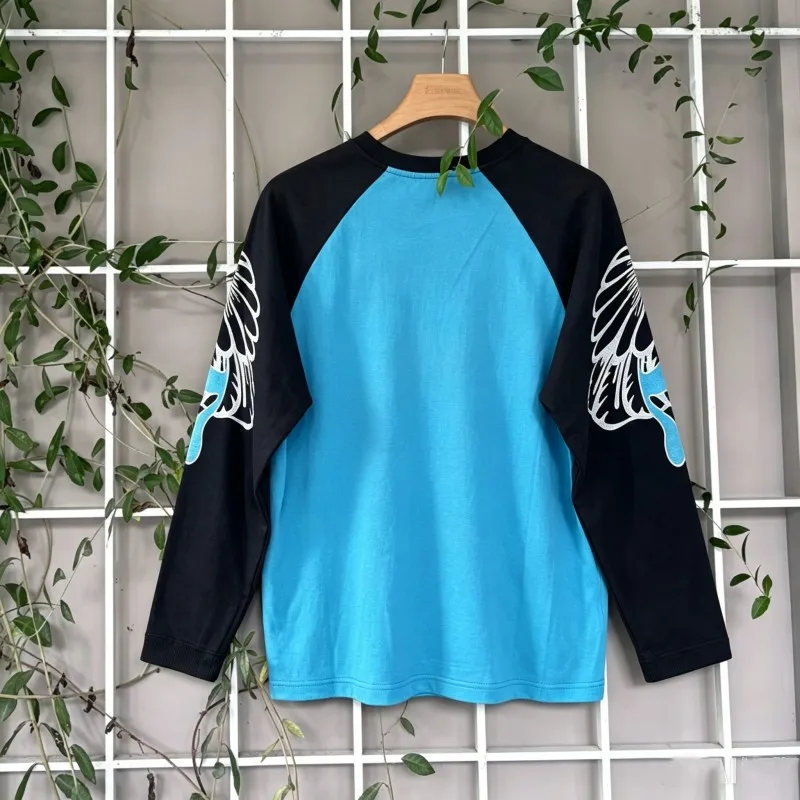 Men Women Blue Black Patchwork Waffle Weave Fabric Round Neck Long Sleeve Satoshi Sweatshirt Oversize Round Neck Pullover Tops