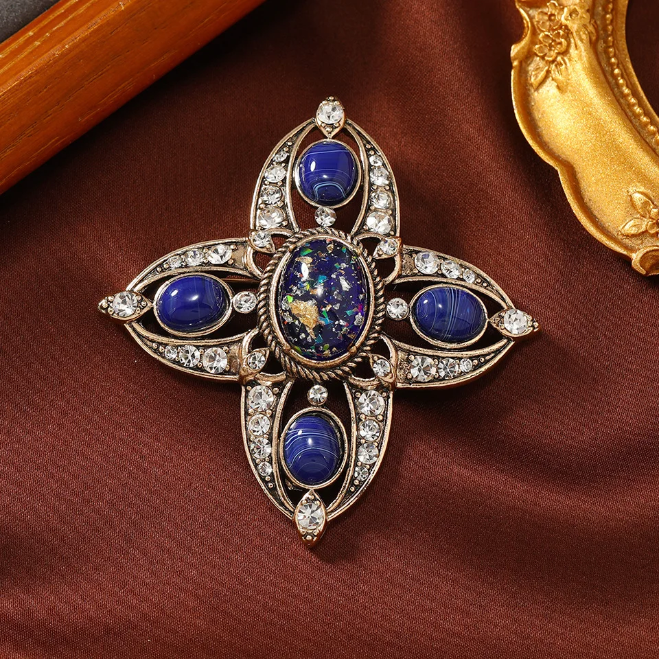 Baroque Vintage Hollow Design Cross Brooch Spring and Autumn Fashion Jelly Color Geometric Coat Pin for Women and Men