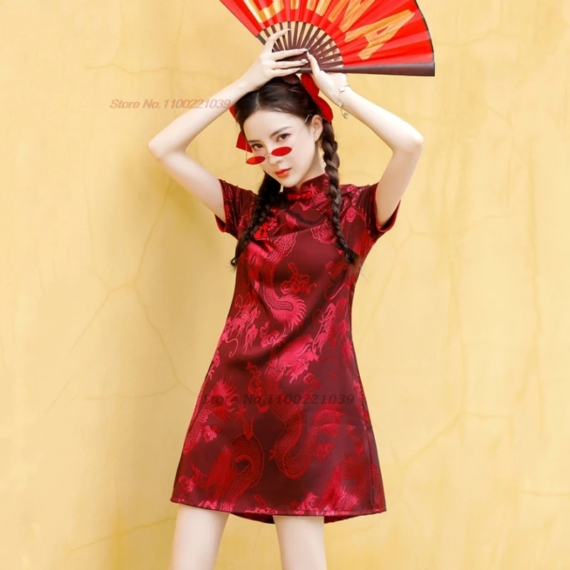 

2024 chinese vintage dress national dragon jacquard sweet cheongsam improved qipao a-line fairy dress banquet evening dress