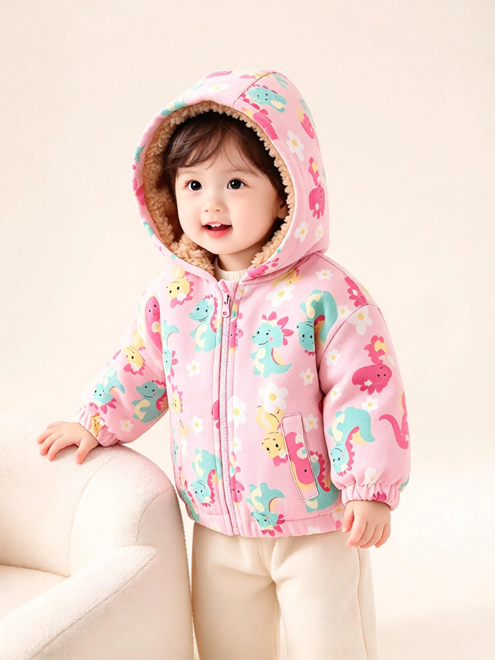 Baby Girl Winter Hooded Zipper Jacket,Allover Dinosaur Print,Slant Pockets,Fleece Lined Thick Warm,Long Sleeve Outerwear