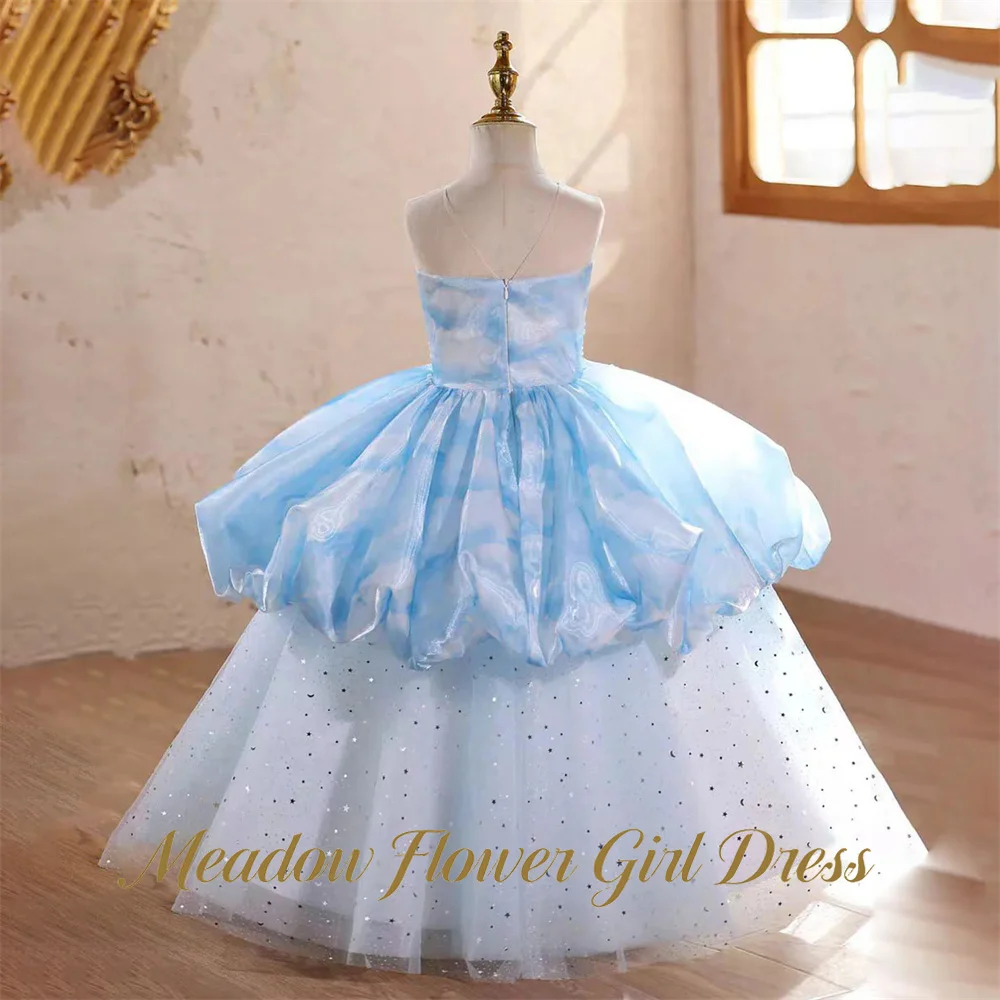 Meadow Pastel Sky Blue Ombre Princess Girls Dress Pearl Strand Detail Tutu Fluffy Prom Gown Floor Length Fairy Flower Girl Dress