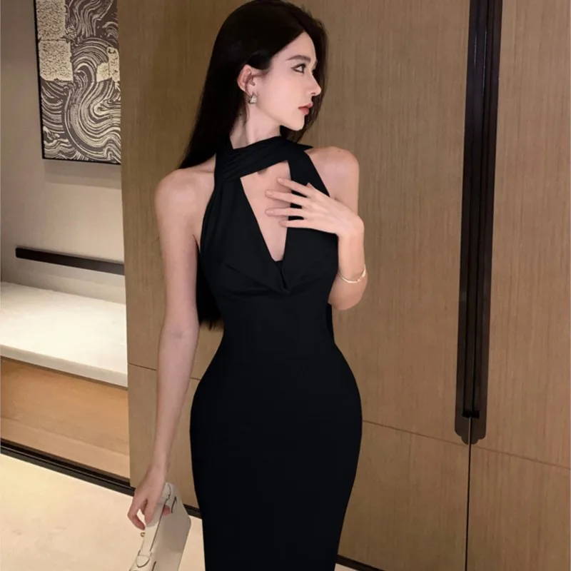 Black Ribbon Halter Swing Collar Dress Women's Elegant Backless Sheath