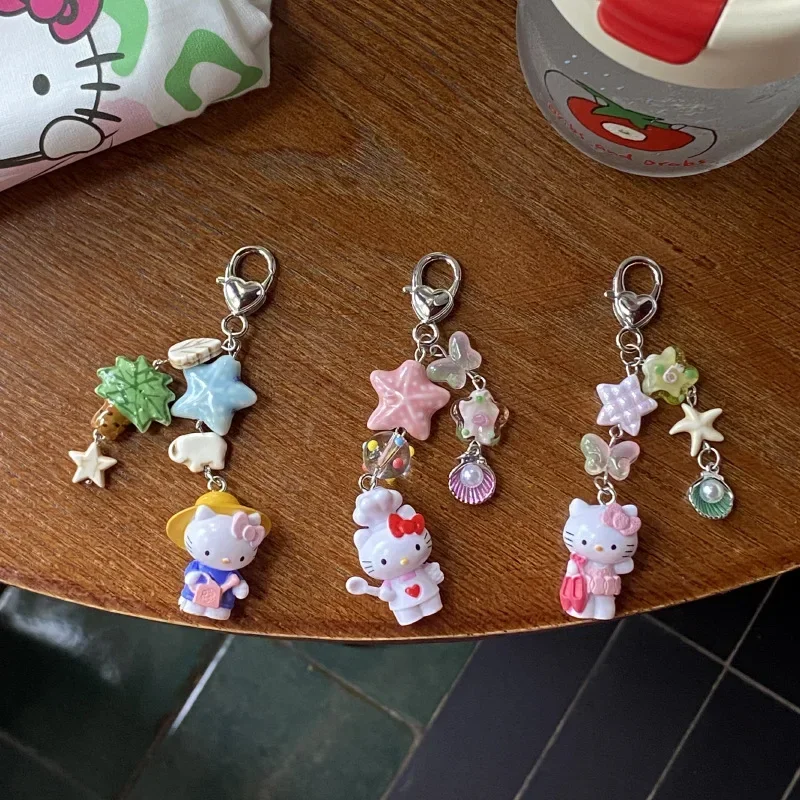 Kawaii Hello Kitty Doll Keychain Creative Cartoon Coconut Tree Starfish Combination Decoration Couple Bag Pendant Holiday Gifts