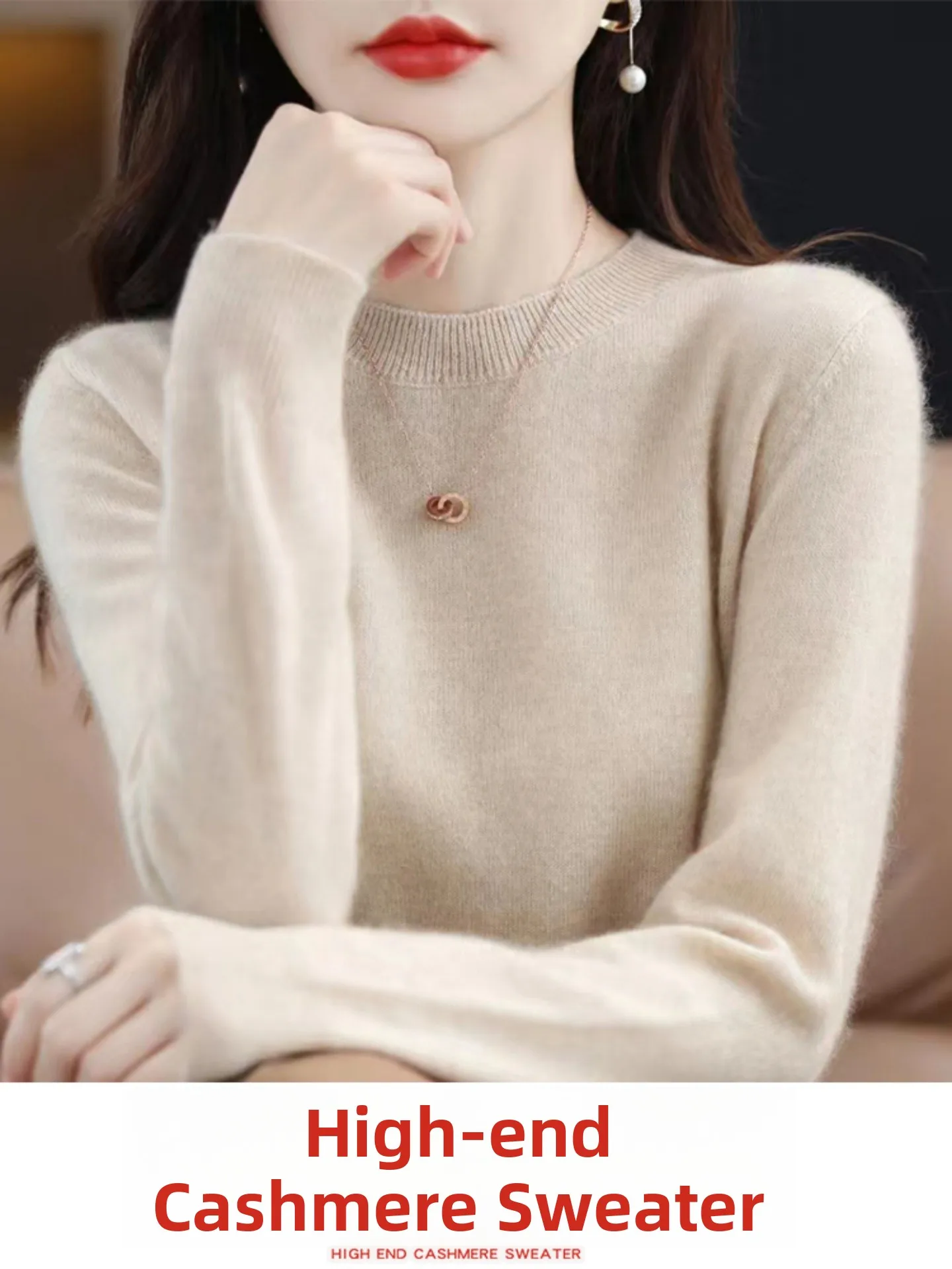 เสื้อสเวตเตอร์ผ้าขนสัตว์แท้ 100% ทรงหลวม แขนยาว สำหรับผู้หญิง ให้ความอบอุ่น เหมาะสำหรับเป็นเสื้อชั้นใน