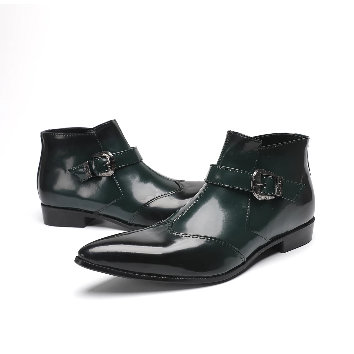 

Botas Black Pointed Toe Men Genuine Leather Ankle Boots Plus Size Male Buckle Strap Motorcycle Short Boots Business Party Shoes