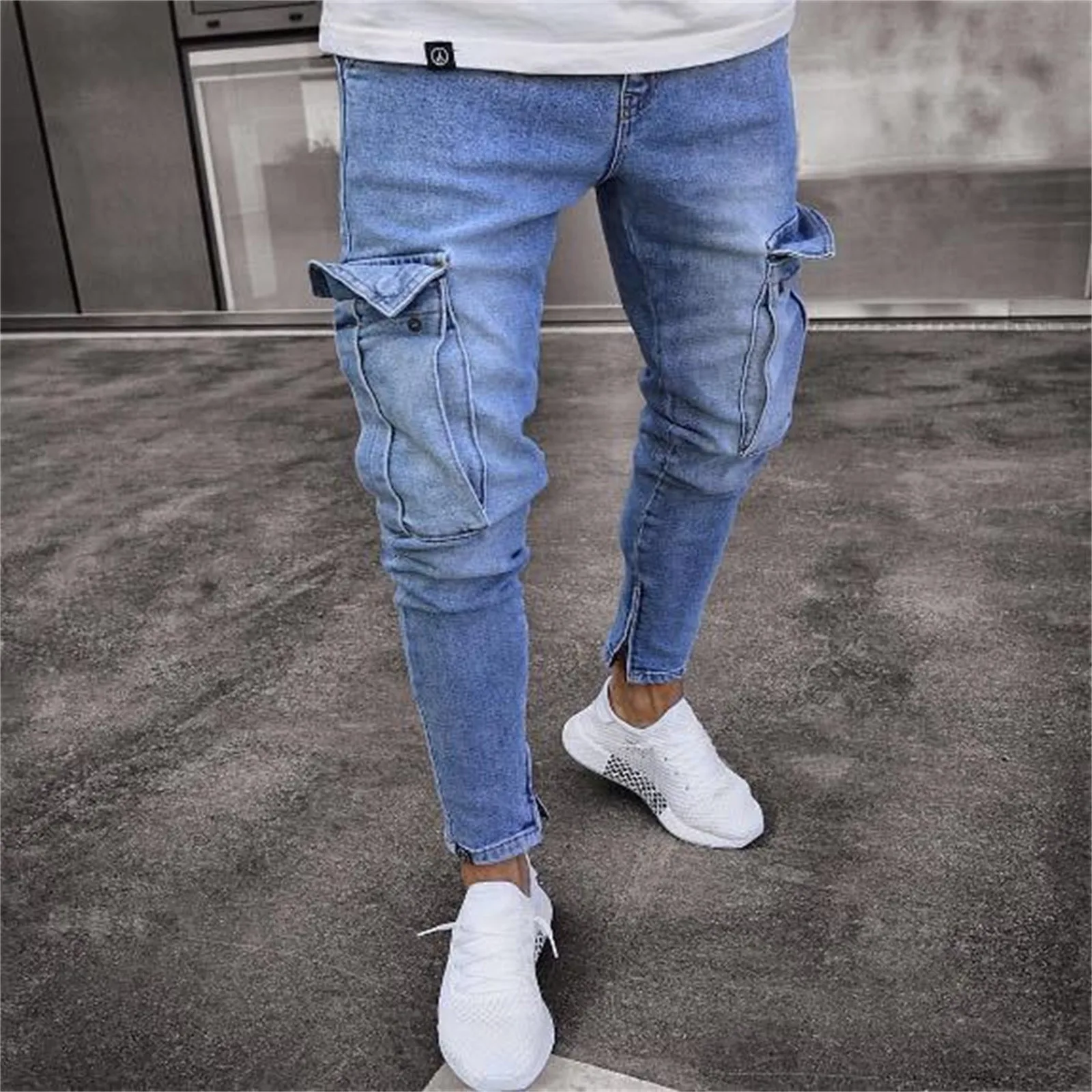 Mens Stretch Denim Pant Distressed Ripped Slim Fit Pocket Jeans Trousers Business Stretch Men'S Jeans