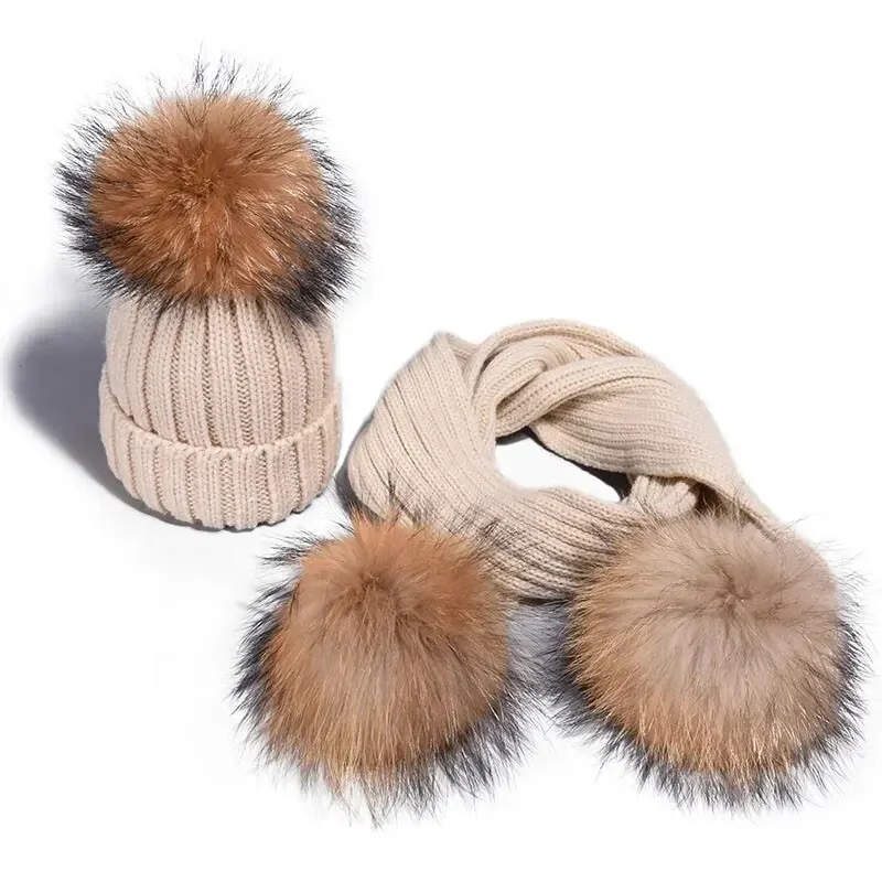 Parent-Child Winter hats Cute Baby fur Pompon Hat Scarf Sets Real Natural Fur Ball Caps Mother Kids Warm Knitted Hats Winter Bea