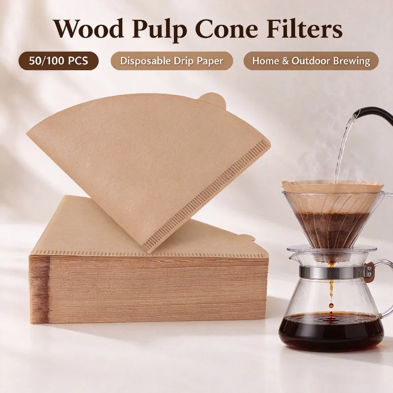 50/100PCS  Wood Pulp Pour Over Coffee Filters Cone Shaped Disposable Drip Paper Coffee Brewing Accessories for Home Barista