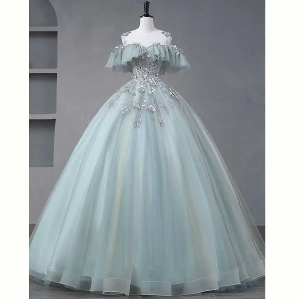 New Elegant Light Green Princess Prom Dress Shiny Flowers A-Line Sweetheart Floor Length Tulle Evening Party Gowns Customized