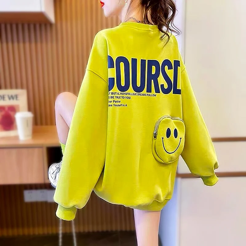 Autumn Spring New Women Sweatshirt Loose Fashion Long Sleeved Tops Casual Hoodies Back Smile Pocket Clothing Outerwear SL130