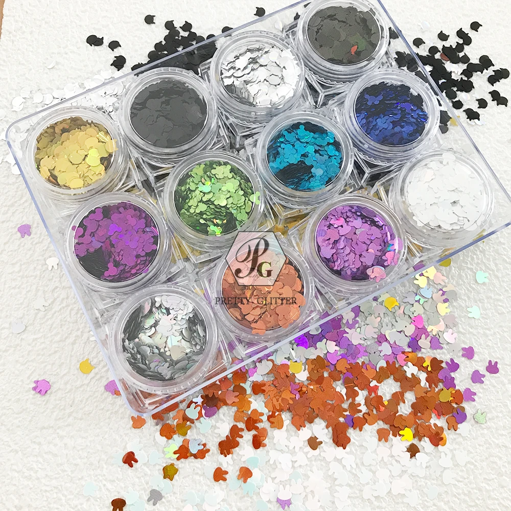 PrettyG 1 Set 12Color Box 4MM Animal Head Sequin Glitter Shape Mickey Rabbit Cat Head Glitter For Resin DIY Nail Art Decoration