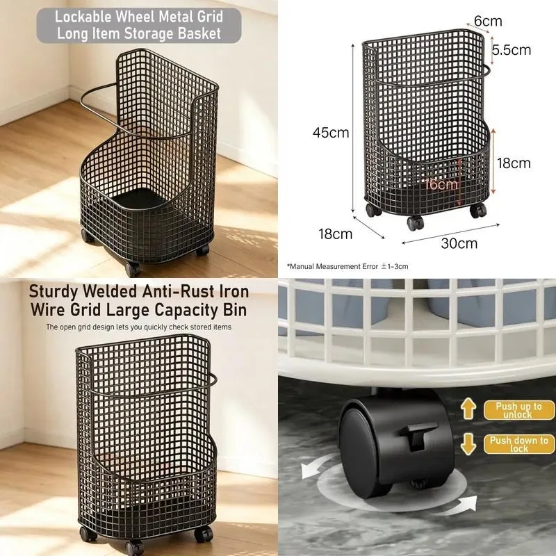 Large Capacity Rolling Garden Tool Rack with Locking Wheels Metal Mesh Long Item Storage Basket