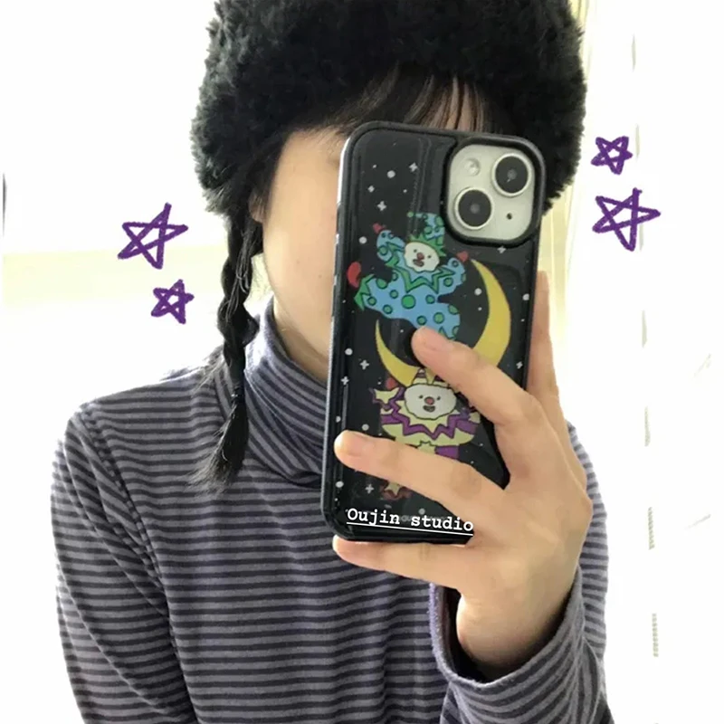 Korean Ins Cute Star Moon Joker Black Border Drip Glue Phone Case For Samsung S26 S25 S24 S23 Ultra Plus Edge FE Back Cover