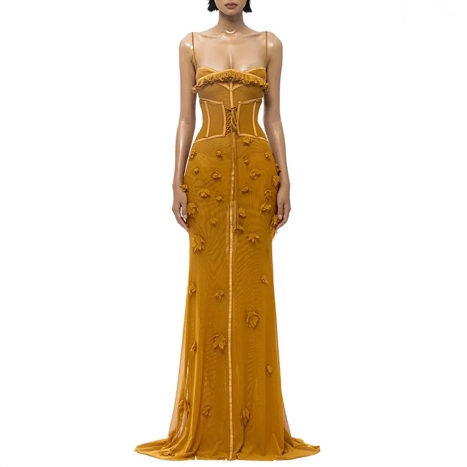 

Sexy Strap Design 3D Embroidered Elastic Net Waist Cinching Long Dress Vietnamese Small Fashion Brand Summer Dress