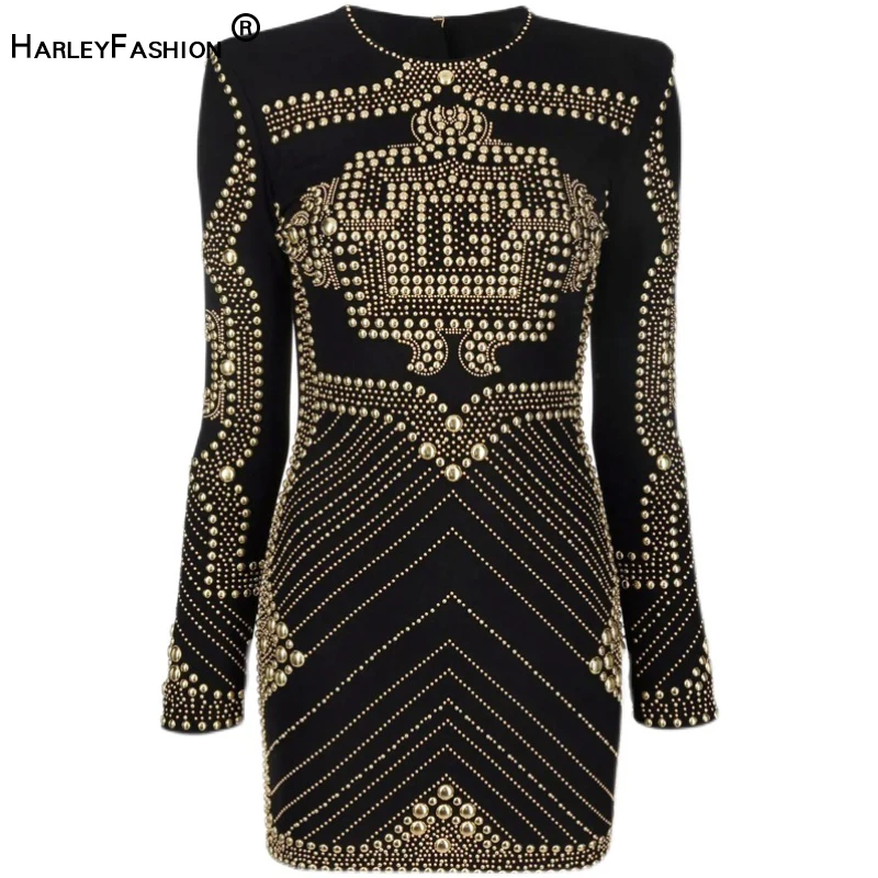 HarleyFashion Heavy Industry Customization Patch Sequined Elasticity Bodycon Dress European Woman High Street Long Sleeve Dress